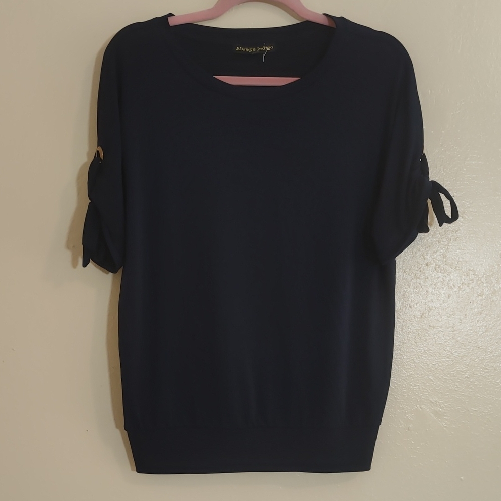 Navy Blue Short Sleeve Top with Tie Details Always Indigo Size L